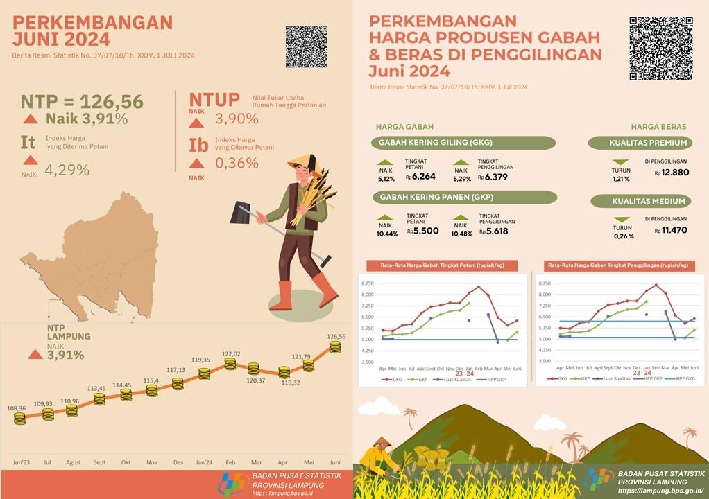 NTP Provinsi Lampung Juni 2024 sebesar 126,56 atau naik 3,91 persen. Harga GKG di Tingkat Petani naik 5,12 persen dan Harga Beras Premium di Penggilingan turun 1,21 persen